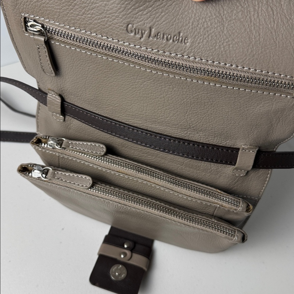 Guy Laroche Designer Leather Crossbody Bag Beige‑Grey and Dark Brown - Picture 9 of 16